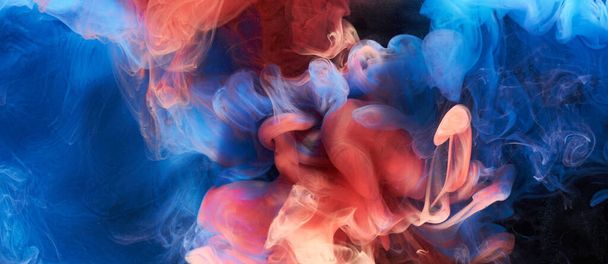 Blue red ink abstract background. Acrylic paint backdrop for perfume, hookah, cosmetics. Mysterious smoke clouds, colorful fog - Fotografie, Obrázek