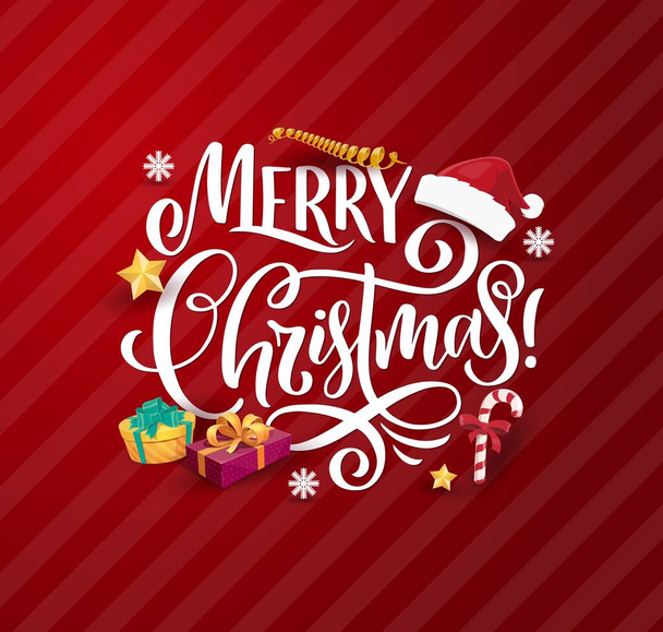 Різдвяні подарунки і листівка для вітання, вектор Xmas. Зимові канікули показують коробки, червоний капелюх Санта-Клауса і цукерки, сніжинки, золоті зірки, святкові зміїні стрічки і стрічки - Вектор, зображення