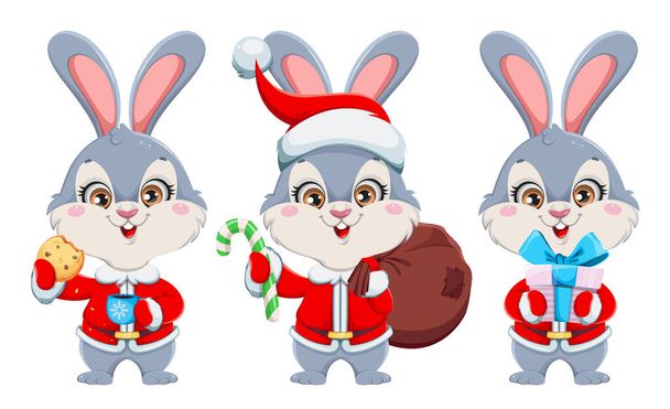 Карикатурный кролик, набор из трех поз. Милый кролик. С Рождеством и Новым годом. Векторная иллюстрация на белом фоне - Вектор,изображение