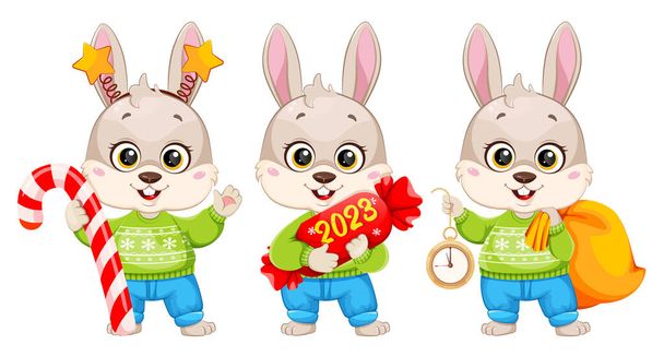 Кролик-картун, набір з трьох поз. Милая кролиця. З Різдвом і Новим роком. Stock vector illustration - Вектор, зображення