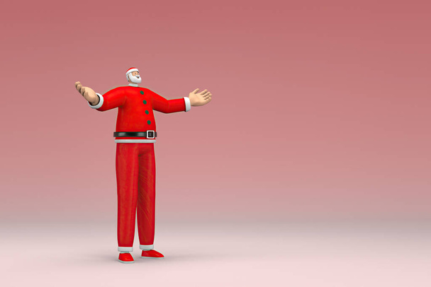 Человек в костюме Санта Клауса. Он является выражением руки, когда говорит. 3D визуализация персонажа мультфильма в актерской игре. - Фото, изображение