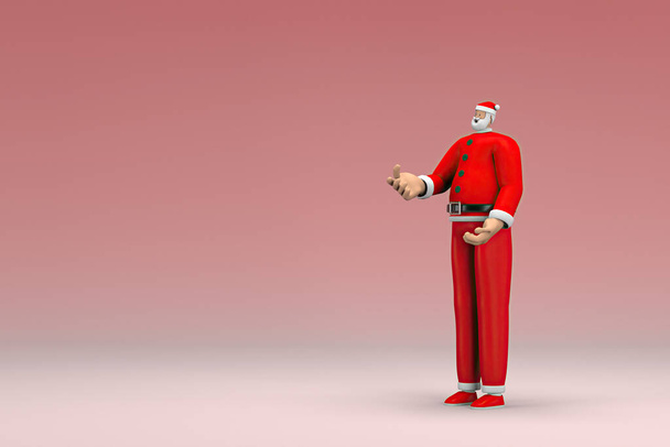 Человек в костюме Санта Клауса. Он является выражением руки, когда говорит. 3D визуализация персонажа мультфильма в актерской игре. - Фото, изображение