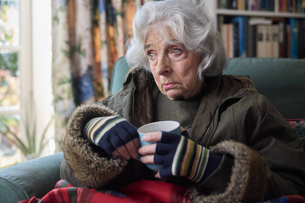 Старшая женщина носит пальто в помещении с горячим напитком, пытаясь сохранить тепло дома во время энергетического кризиса - Фото, изображение