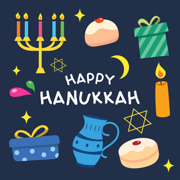 Conjunto de elemento Hanukkah. Doodle dibujado a mano de dibujos animados para plantilla, bandera, cartel - Vector, imagen