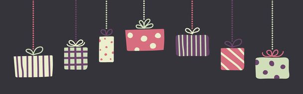 Christmas banner with hanging hand drawn gift boxes. Vector - Vektor, obrázek