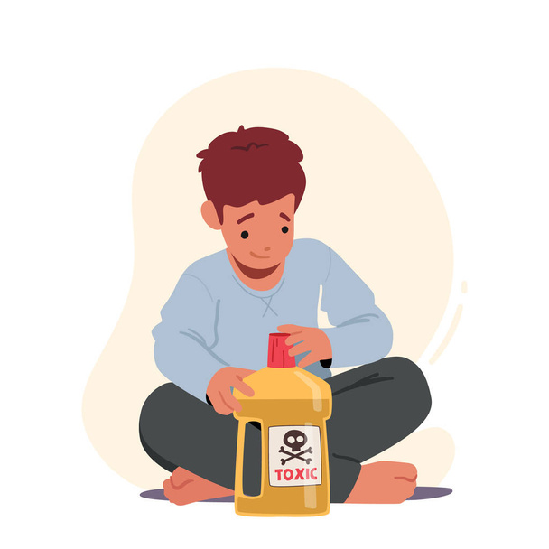 Kid In Dangerous Situation, Child Sitting on Floor Play With Toxic Liquid Opening Bottle with Hazardous Poison. Risk At Home Concept With Careless Little Boy Character. Cartoon Vector Illustration - Vector, Image