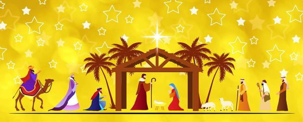 Рождественская сцена. Обожание трех мудрецов и пастухов. Обои и поздравительные открытки фон. - Фото, изображение