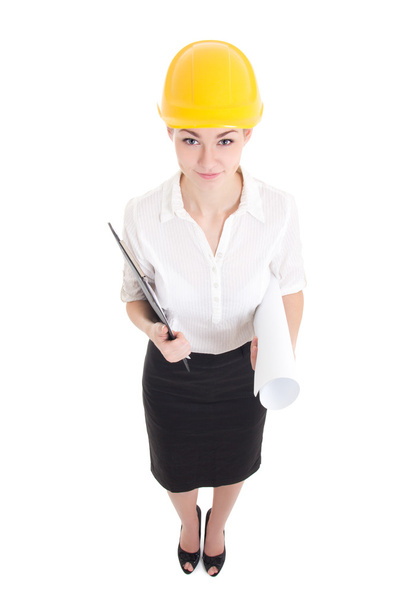 portrait of funny business woman architect in yellow builder hel - Photo, Image