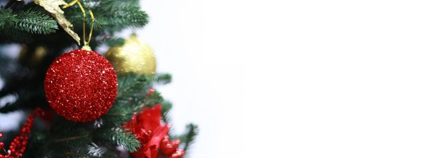 Červený vánoční míč na smrkové větvi, prapor na Nový rok s prázdným místem pro text. Jasné vánoční hračky, zima - Fotografie, Obrázek