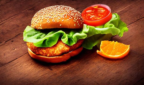 Csirkés burger. Fűszeres sült csirke burger reklám. Ínyenc, friss ízletes. Gyorsétterem-koncepció. - Fotó, kép
