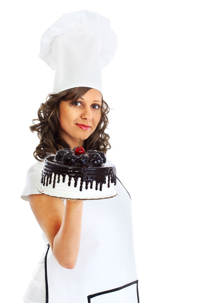 Chef with chocolate cake - 写真・画像