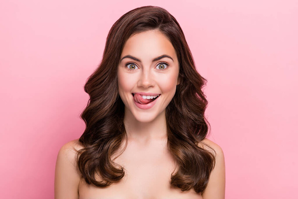 Photo of young pretty lady lick teeth cavity protection clinic whitening isolated over pink color background. - Foto, Imagem