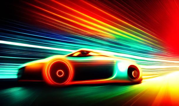 Raivokas tyyli urheiluauto neon valtatiellä. Superautojen voimakas kiihtyvyys yöraiteilla värikkäillä valoilla ja raiteilla. - Valokuva, kuva