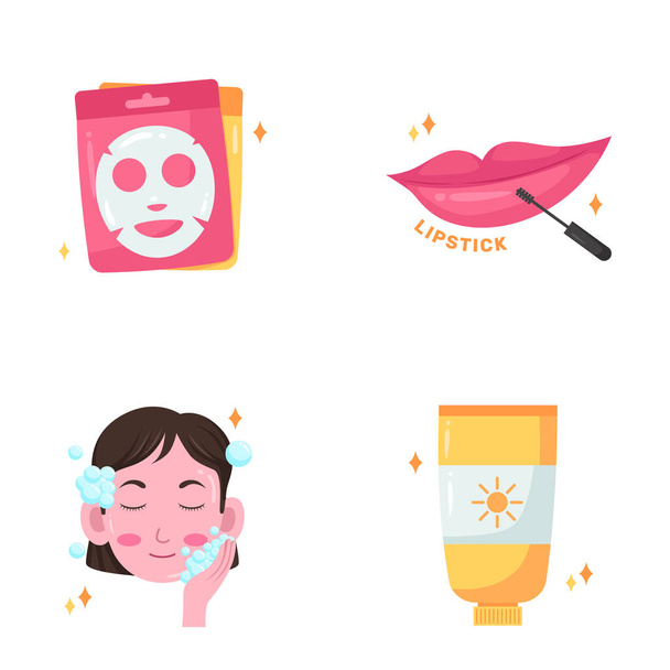 maschera viso rossetto crema solare lavare il viso con sapone bellezza cura della pelle trucco donna illustrazione set - Vettoriali, immagini