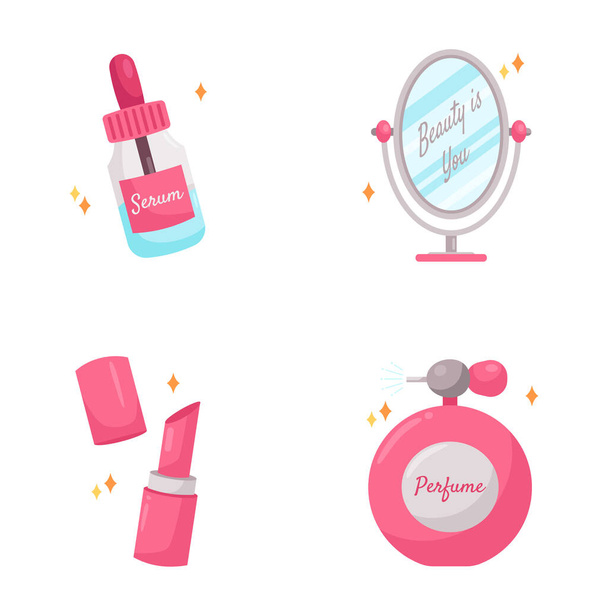 serum mirror lipstick perfurme make up beauty woman sticker illustration set - Vector, Image