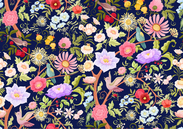 Fantasy flowers and birds in retro, vintage, jacobean embroidery style. Millefleurs seamless pattern, background. Vector illustration. Multicolor. - Vettoriali, immagini