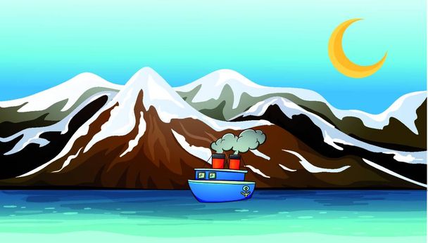 Un bateau bleu près de la montagne
 - Vecteur, image