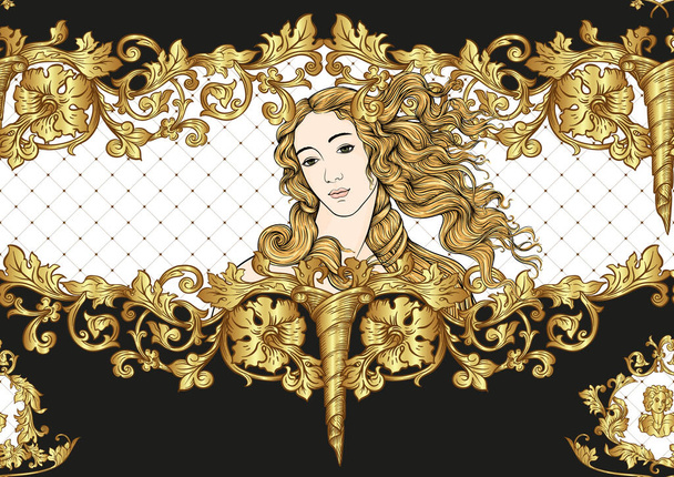 Portrait of a woman inspired by a painting by Renaissance artist Botticelli. Seamless pattern, background In baroque, rococo, victorian, renaissance style. Vector illustration - Vector, imagen