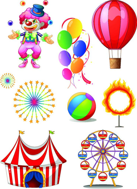 Klaun hrající míče s různými cirkusovými věcmi - Vektor, obrázek