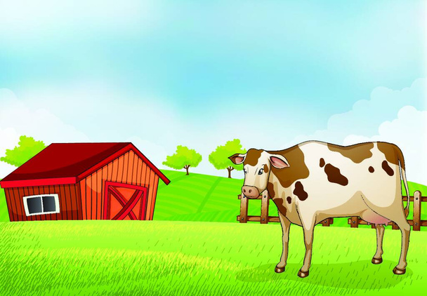 "μια αγελάδα στο αγρόκτημα με ένα σπίτι αχυρώνα" - Διάνυσμα, εικόνα