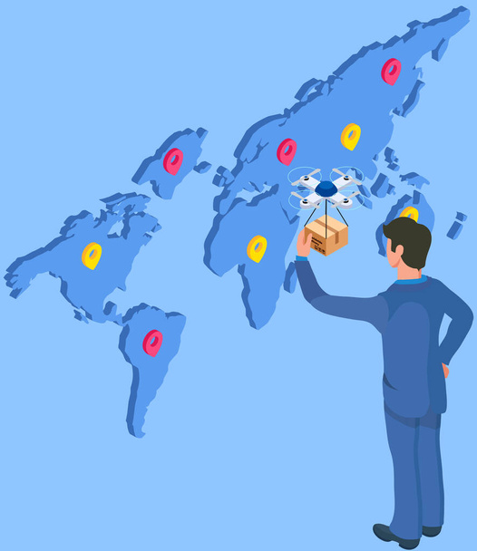 Online world. Global network connection concept. Worldwide delivery services. Internet communication. International interaction. Person looking at map of area with marks. Intercontinental business - Vektor, obrázek