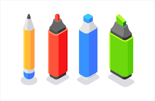 Pencil and set of colorful markers. Flat, 3d, vector, isometric, cartoon style illustration isolated on white background - Vektori, kuva