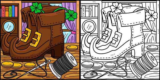 Esta página para colorear muestra un día de San Patricio zapatos duende. Un lado de esta ilustración es de color y sirve como inspiración para los niños. - Vector, imagen