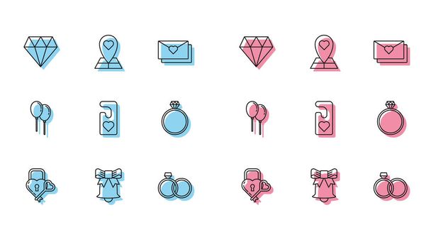 Set line Castle in the shape of a heart and key, Ringing bell, Diamond, Wedding rings, Please do not disturb with, engagement, Balloons ribbon and Map pointer icon. Vector - Vector, Image