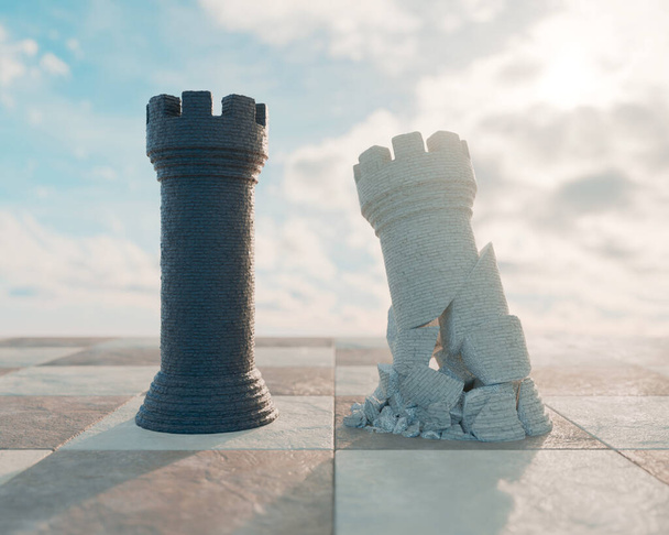 チェス盤の表面と空の背景に崩壊した白い城に反対する黒いチェスの城- 3Dレンダリング - 写真・画像