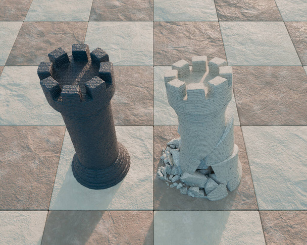 Satranç tahtası yüzeyi ve gökyüzü arkaplanı üzerinde çökmekte olan beyaz bir kaleye karşı bir siyah satranç kalesi. - Fotoğraf, Görsel
