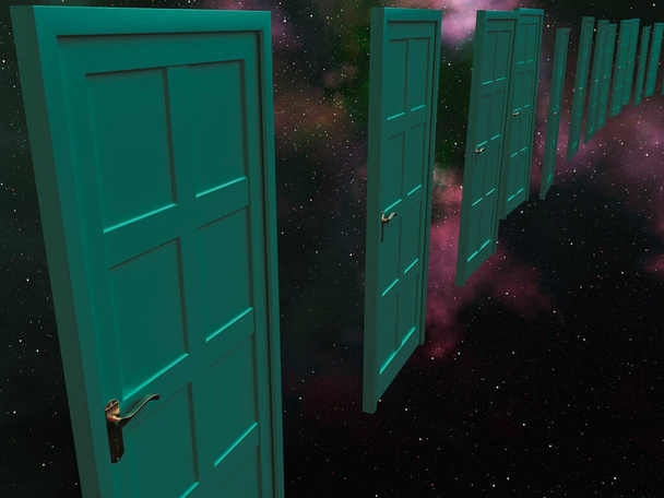 Een lijn van groene deuren drijvend op een galaxy nevel ruimte achtergrond - 3D renderen - Foto, afbeelding