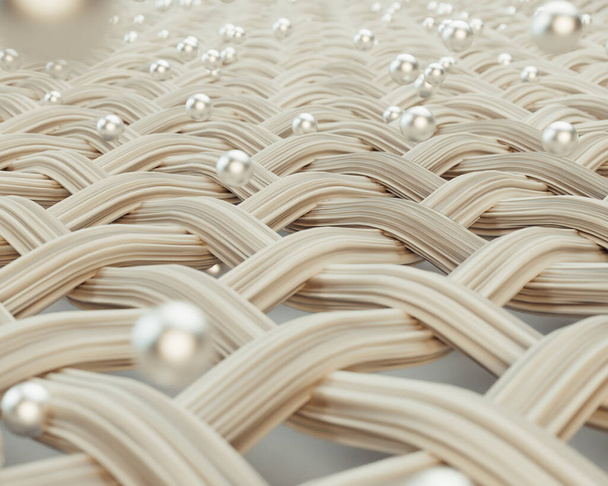 Uma ampliação extrema de uma trama de fios de tecido individuais de nata que se penetra por moléculas de prata em um contexto isolado - renderização 3D - Foto, Imagem