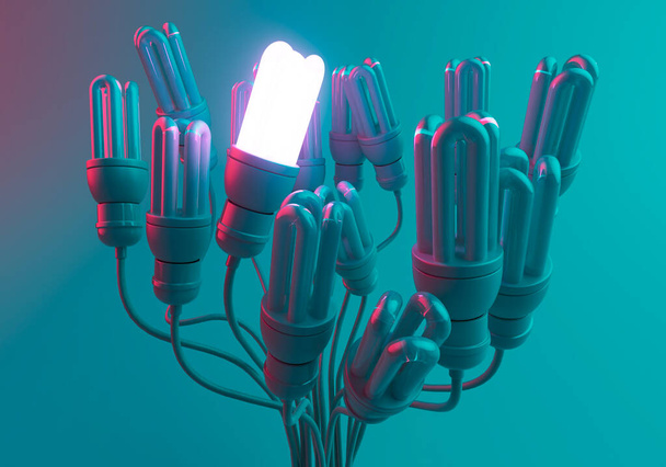 Eine beleuchtete Glühbirne inmitten einer Sammlung schummriger Glühbirnen, deren Kabel zu einem Bündel auf blauem Studiohintergrund verdreht sind - 3D-Render - Foto, Bild