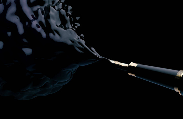 Koncept zobrazující plnicí pero, které vypouští vířící chochol hustého inkoustu na černém izolovaném pozadí - 3D vykreslování - Fotografie, Obrázek