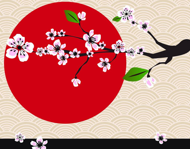 "Japanese card with cherry blossom, sakura and traditional Japane" - Vector, afbeelding
