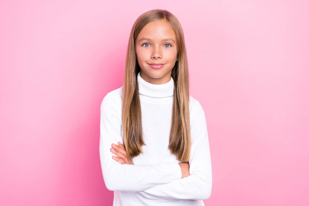 Photo of nice looking girl dressed trendy pullover arm crossed lesson break pause free time isolated on pink color background. - Фото, зображення