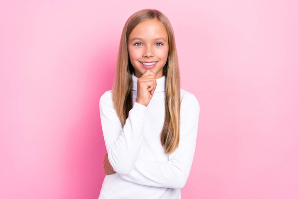Photo of minded cute girl dressed trendy white jumper arm touch face hmm choice choose decision isolated on pink color background. - Foto, immagini
