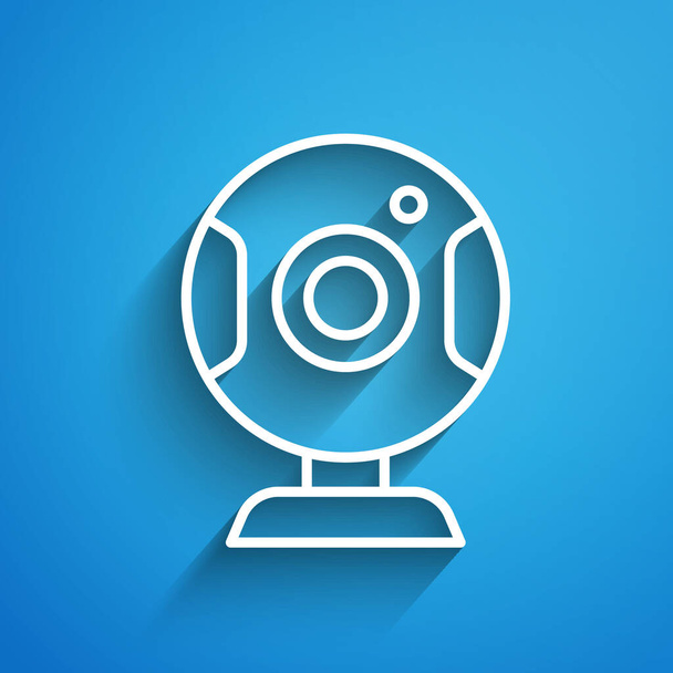 Weiße Linie Web-Kamera-Symbol isoliert auf blauem Hintergrund. Chat-Kamera. Webcam-Symbol. Langer Schatten. Vektor - Vektor, Bild