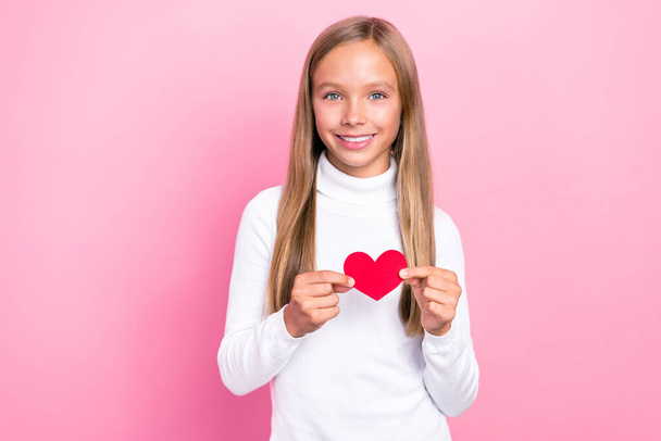 Photo of candid friendly person hands hold small paper heart toothy smile isolated on pink color background. - Φωτογραφία, εικόνα