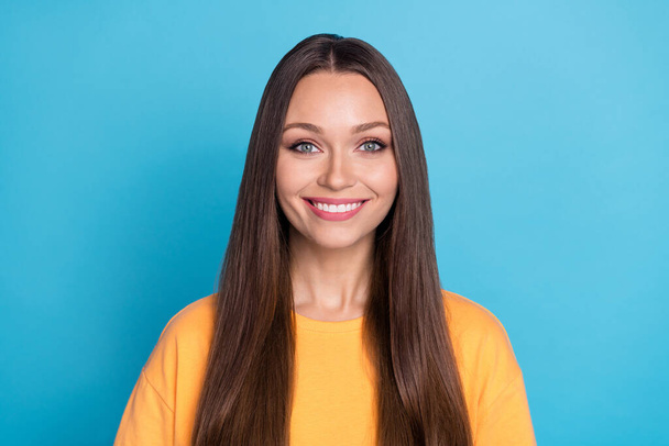 Photo of young attractive pretty cute student girl smiling positive good mood look you excited isolated on blue color background. - Φωτογραφία, εικόνα