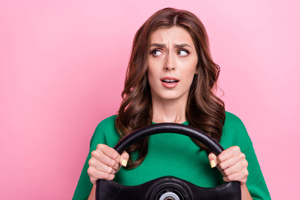 Close up photo of shocked astonished lady green stylish clothes look empty space oops accident crash isolated on pink color background. - Fotó, kép