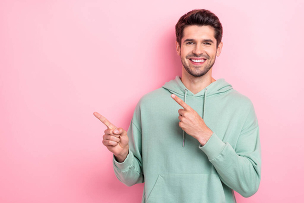 Photo of successful young student businessman just open his startup recommend investing project fingers point empty space isolated on pink color background. - Valokuva, kuva