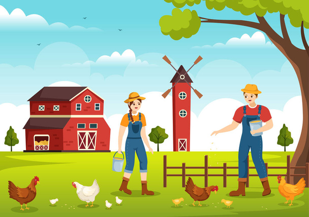 Ferme avicole avec agriculteur, cage, ferme de poulet et d'oeuf sur fond vert Vue en main dessin animé mignon Illustration - Vecteur, image