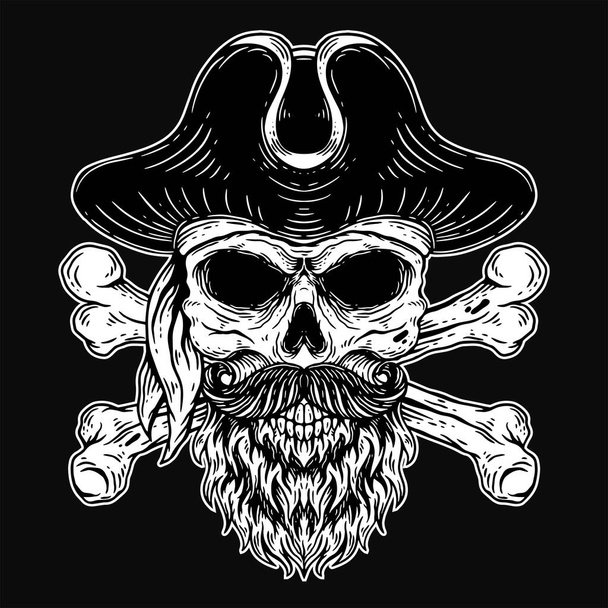 Dark Art Skull pirates captain Skeleton Vintage illustration for clothing apparel - Vector, Image