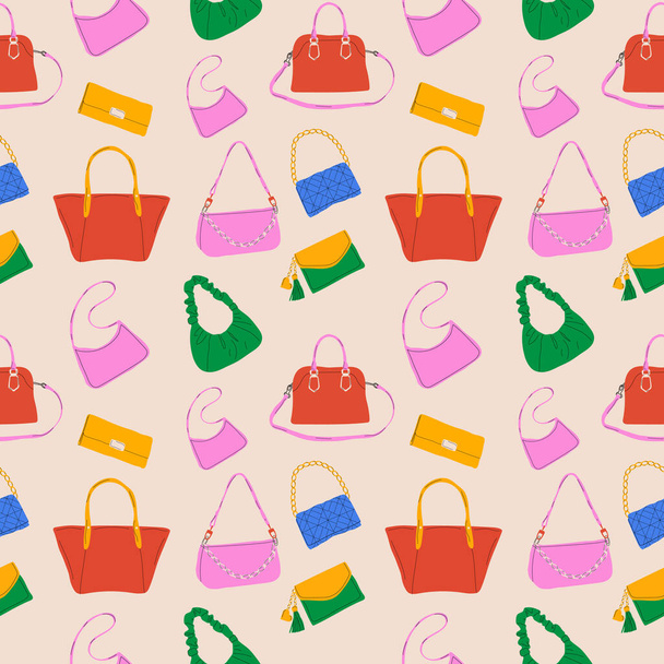 Бесшовный узор с набором разнообразных красочных женских сумок. Женская сумка, крестовое тело, сумка, покупатель, бродяга, сцепление, бумажник, сумочка. Модные аксессуары из кожи.  - Вектор,изображение