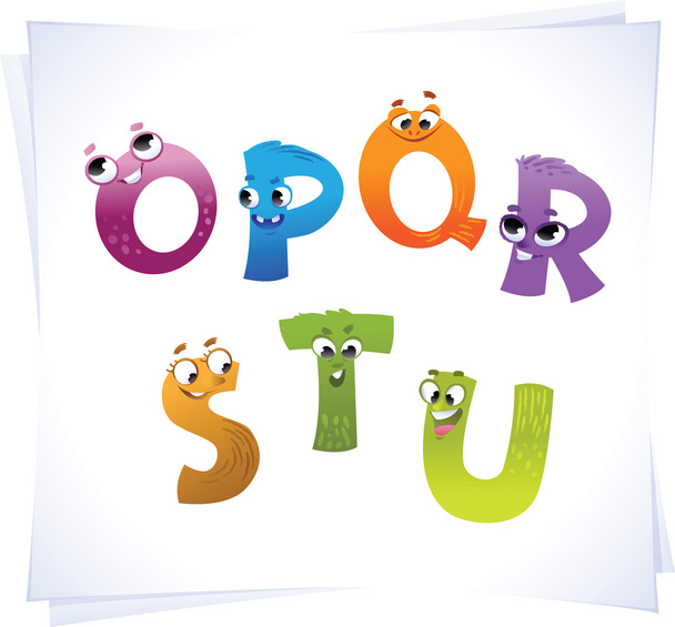 Alfabeto para los niños: caricatura de letras divertidas O-U
 - Vector, Imagen