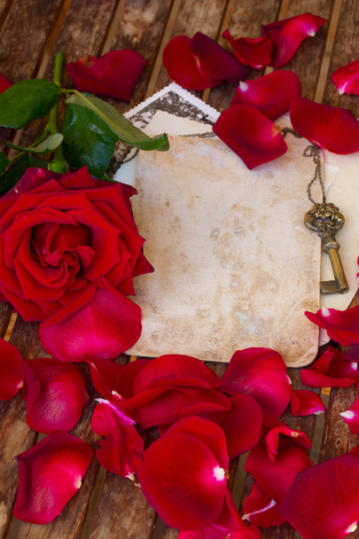 vintage background with rose petals  and key - Fotoğraf, Görsel