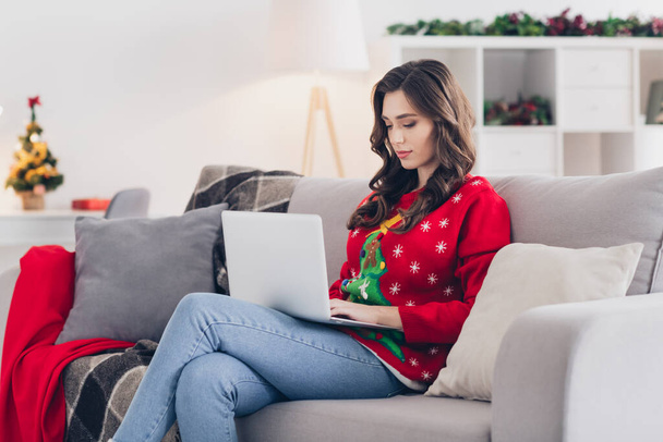 Photo of young concentrated programmer working stay home using her laptop chatting with boss programmer sitting sofa xmas atmosphere. - Foto, immagini