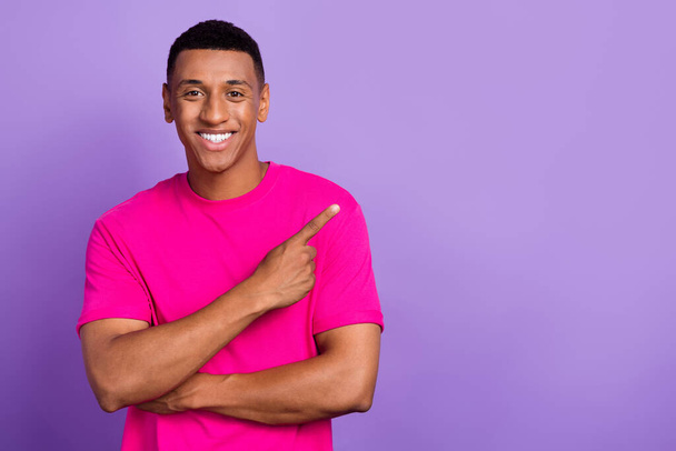 Closeup portrait photo of young optimistic smiling guy macho toothy beaming enjoying himself after whitening isolated on pastel violet color background. - Photo, image