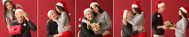 Collage with cute pregnant young couple in Santa hats on red background - Photo, Image